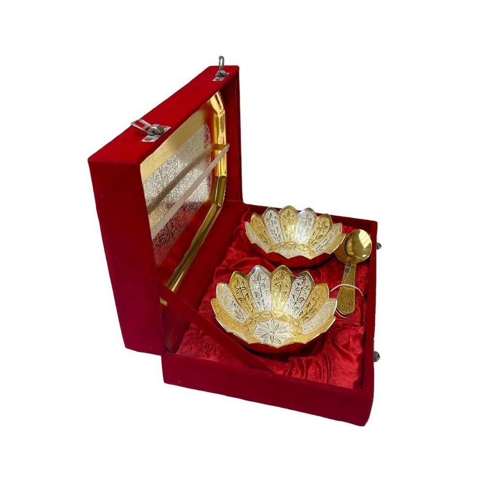 Rare Indian 5 Pc Gold and Silver Flashed Metal Sauce Set in Velvet Box Vintage - Picture 2 of 12